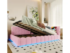 Sofá-cama infantil - 140 x 200 cm - com LEDs + armazenamento hidráulico + USB - veludo - rosa