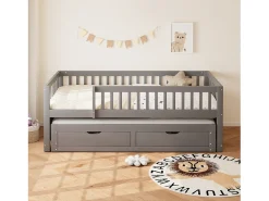 Sofá-cama infantil - 90 x 200 cm + 90 x 190 cm - barreira de segurança - cama de rodízio com 2 gavetas - madeira - cinza