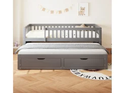 Sofá-cama infantil - 90 x 200 cm + 90 x 190 cm - barreira de segurança - cama de rodízio com 2 gavetas - madeira - cinza