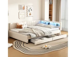 Sofá-cama infantil - 140 x 200 cm - cabeceira com arrumação + luzes LED - 2 gavetas - roupa de cama - bege