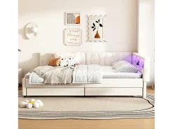 Sofá-cama infantil - 140 x 200 cm - cabeceira com arrumação + luzes LED - 2 gavetas - roupa de cama - bege