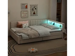 Sofá-cama infantil - 140 x 200 cm - cabeceira com arrumação + luzes LED - 2 gavetas - roupa de cama - bege