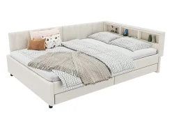 Sofá-cama infantil - 140 x 200 cm - cabeceira com arrumação + luzes LED - 2 gavetas - roupa de cama - bege