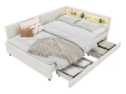 Sofá-cama infantil - 140 x 200 cm - cabeceira com arrumação + luzes LED - 2 gavetas - roupa de cama - bege
