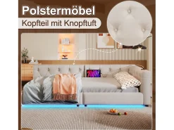 Sofá-cama infantil - 90 x 200 cm - com estrado de ripas + luzes LED + cabeceira com porta USB - linho - bege