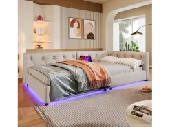Sofá-cama infantil - 90 x 200 cm - com estrado de ripas + luzes LED + cabeceira com porta USB - linho - bege