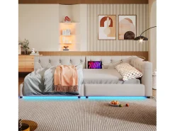 Sofá-cama infantil - 90 x 200 cm - com estrado de ripas + luzes LED + cabeceira com porta USB - linho - bege