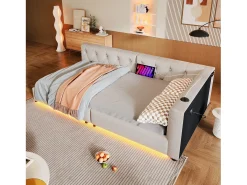 Sofá-cama infantil - 90 x 200 cm - com estrado de ripas + luzes LED + cabeceira com porta USB - linho - bege