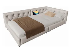 Sofá-cama infantil - 90 x 200 cm - com estrado de ripas + luzes LED + cabeceira com porta USB - linho - bege