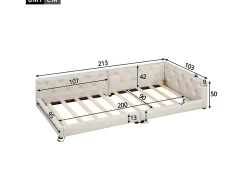 Sofá-cama infantil - 90 x 200 cm - com estrado de ripas + luzes LED + cabeceira com porta USB - linho - bege