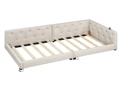 Sofá-cama infantil - 90 x 200 cm - com estrado de ripas + luzes LED + cabeceira com porta USB - linho - bege
