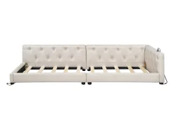 Sofá-cama infantil - 90 x 200 cm - com estrado de ripas + luzes LED + cabeceira com porta USB - linho - bege