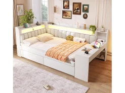 Sofá-cama infantil - 140 x 200 cm - com LEDs + USB + escrivaninha + 2 gavetas - MDF + linho - branco