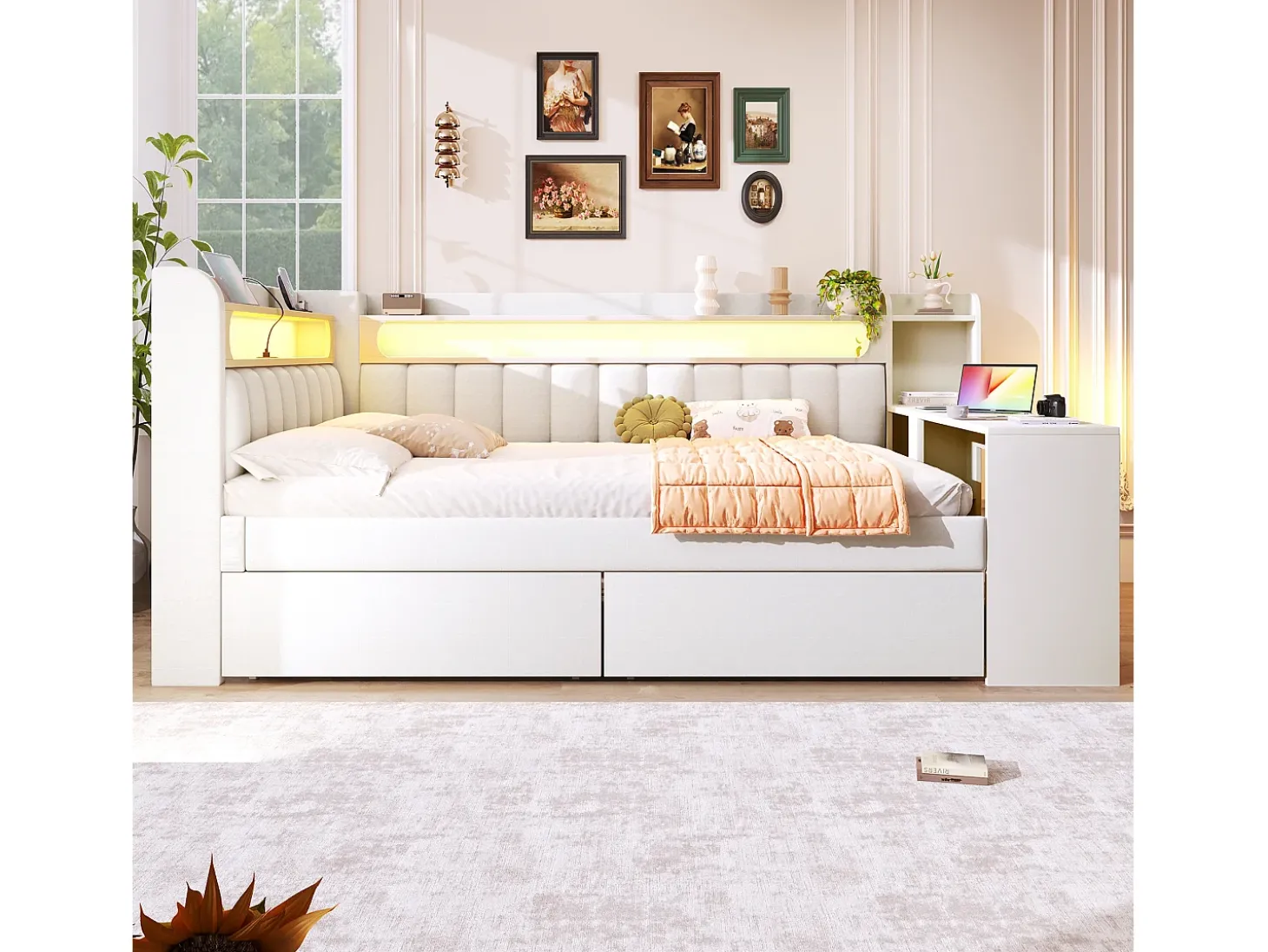 Sofá-cama infantil - 140 x 200 cm - com LEDs + USB + escrivaninha + 2 gavetas - MDF + linho - branco
