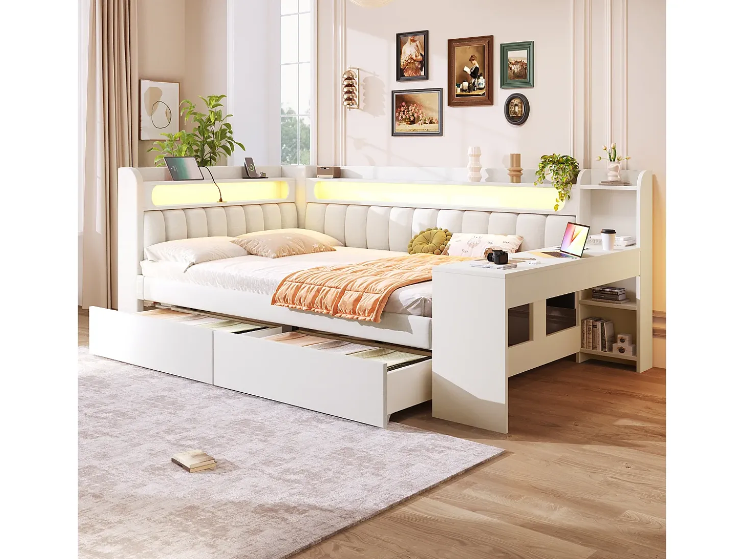 Sofá-cama infantil - 140 x 200 cm - com LEDs + USB + escrivaninha + 2 gavetas - MDF + linho - branco