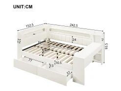 Sofá-cama infantil - 140 x 200 cm - com LEDs + USB + escrivaninha + 2 gavetas - MDF + linho - branco