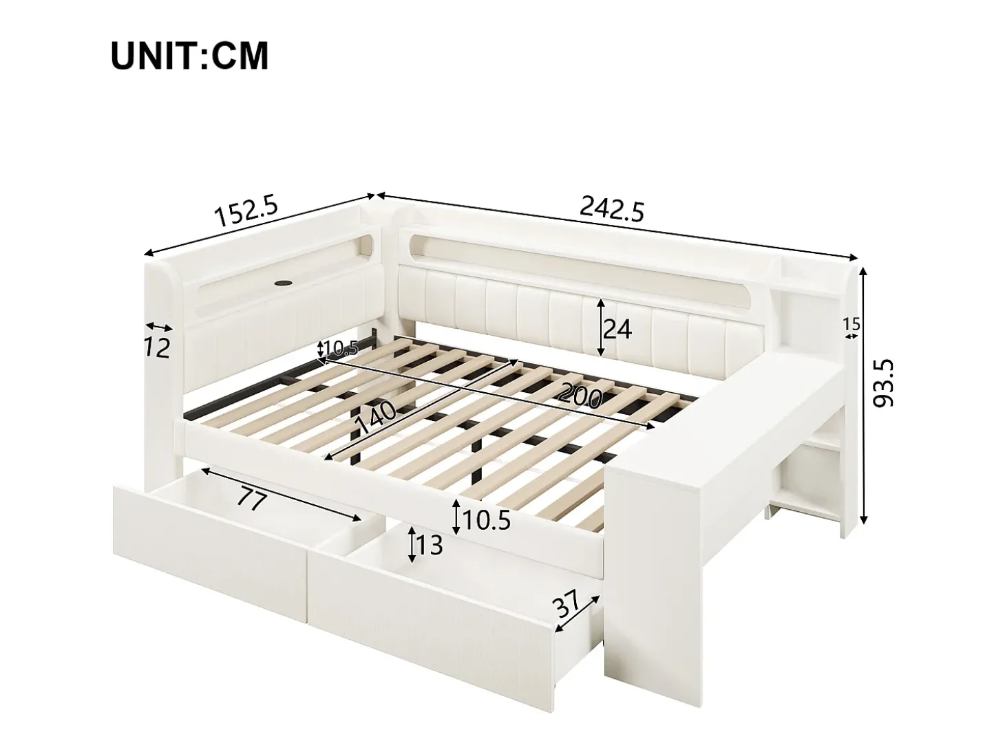 Sofá-cama infantil - 140 x 200 cm - com LEDs + USB + escrivaninha + 2 gavetas - MDF + linho - branco