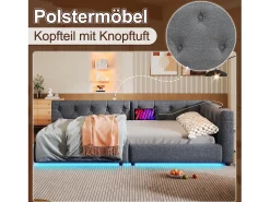 Sofá-cama infantil - 90 x 200 cm - com estrado de ripas + luzes LED + cabeceira com porta USB - linho - cinza