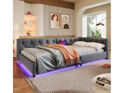Sofá-cama infantil - 90 x 200 cm - com estrado de ripas + luzes LED + cabeceira com porta USB - linho - cinza