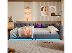 Sofá-cama infantil - 90 x 200 cm - com estrado de ripas + luzes LED + cabeceira com porta USB - linho - cinza
