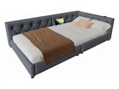Sofá-cama infantil - 90 x 200 cm - com estrado de ripas + luzes LED + cabeceira com porta USB - linho - cinza
