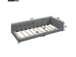 Sofá-cama infantil - 90 x 200 cm - com estrado de ripas + luzes LED + cabeceira com porta USB - linho - cinza