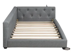 Sofá-cama infantil - 90 x 200 cm - com estrado de ripas + luzes LED + cabeceira com porta USB - linho - cinza