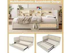 Sofá-cama infantil - 90 x 200 cm - com cama auxiliar 90 x 190 cm + arrumação + USB - linho - bege