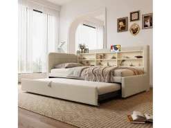 Sofá-cama infantil - 90 x 200 cm - com cama auxiliar 90 x 190 cm + arrumação + USB - linho - bege