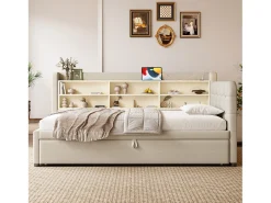 Sofá-cama infantil - 90 x 200 cm - com cama auxiliar 90 x 190 cm + arrumação + USB - linho - bege