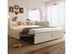 Sofá-cama infantil - 90 x 200 cm - com cama auxiliar 90 x 190 cm + arrumação + USB - linho - bege