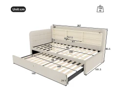 Sofá-cama infantil - 90 x 200 cm - com cama auxiliar 90 x 190 cm + arrumação + USB - linho - bege