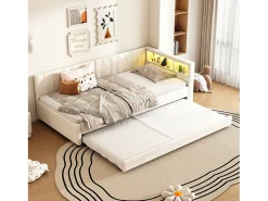 Sofá-cama infantil - 90 x 200 cm - espaço de arrumação acima da cama - com USB + LEDs - com cama extraível de 90 x 190 cm - linho + MDF - bege