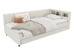 Sofá-cama infantil - 90 x 200 cm - espaço de arrumação acima da cama - com USB + LEDs - com cama extraível de 90 x 190 cm - linho + MDF - bege