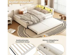 Sofá-cama infantil - 140 x 200 cm - espaço de arrumação acima da cama - com USB + LEDs - com cama extraível 90 x 190 cm - linho + MDF - bege