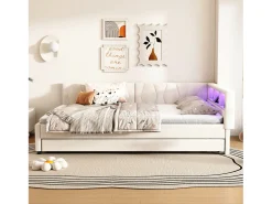 Sofá-cama infantil - 140 x 200 cm - espaço de arrumação acima da cama - com USB + LEDs - com cama extraível 90 x 190 cm - linho + MDF - bege