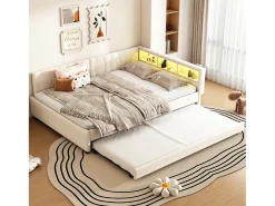 Sofá-cama infantil - 140 x 200 cm - espaço de arrumação acima da cama - com USB + LEDs - com cama extraível 90 x 190 cm - linho + MDF - bege
