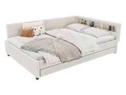 Sofá-cama infantil - 140 x 200 cm - espaço de arrumação acima da cama - com USB + LEDs - com cama extraível 90 x 190 cm - linho + MDF - bege