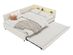 Sofá-cama infantil - 140 x 200 cm - espaço de arrumação acima da cama - com USB + LEDs - com cama extraível 90 x 190 cm - linho + MDF - bege