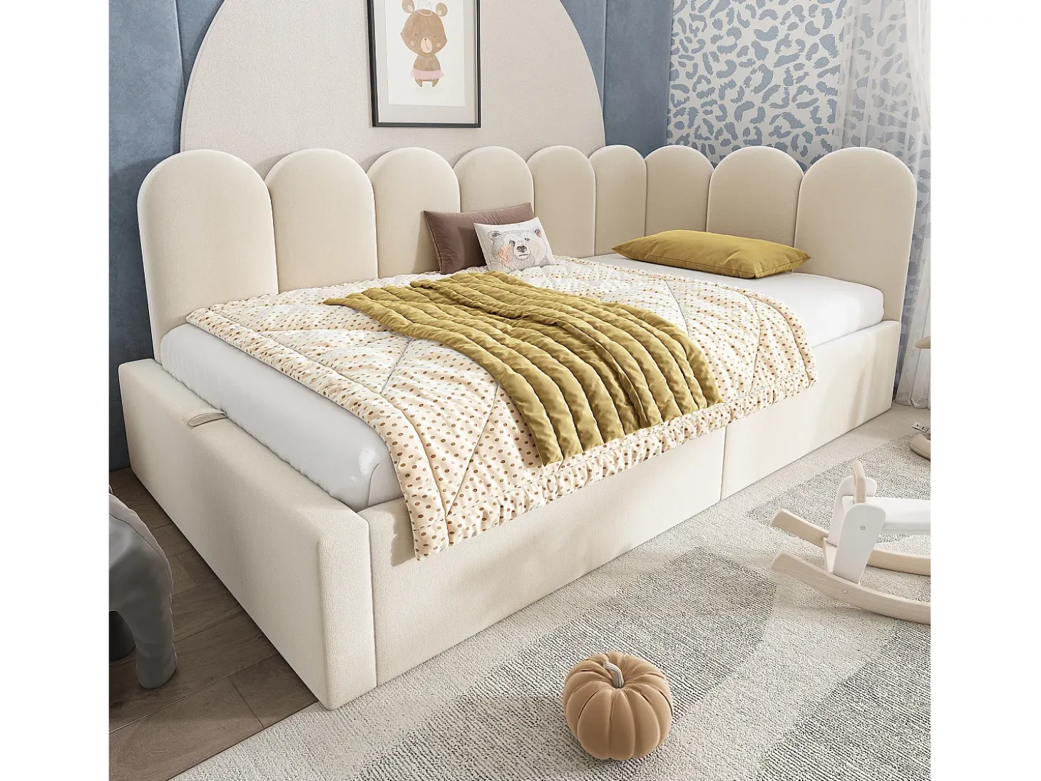 Sofá-cama infantil estofado com armazenamento - 90 x 190 cm - Veludo + Metal + Madeira compensada - Bege