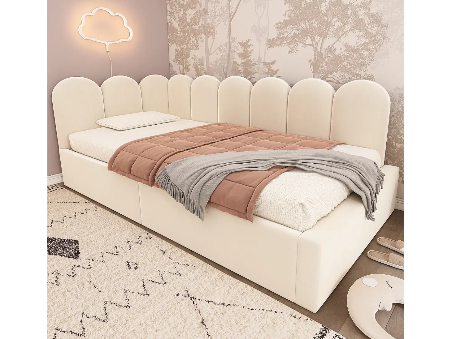 Sofá-cama infantil estofado com armazenamento - 90 x 190 cm - Veludo + Metal + Madeira compensada - Bege