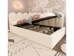 Sofá-cama infantil estofado com armazenamento - 90 x 190 cm - Veludo + Metal + Madeira compensada - Bege