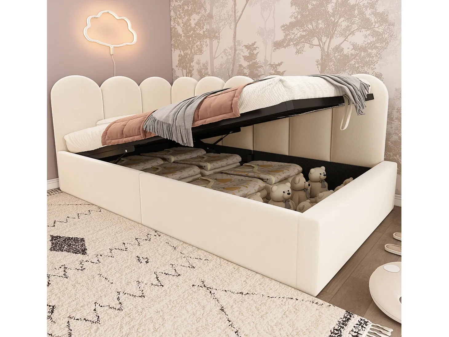 Sofá-cama infantil estofado com armazenamento - 90 x 190 cm - Veludo + Metal + Madeira compensada - Bege