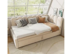 Sofá-cama infantil estofado 2 em 1 - 90/180 x 200 cm - em L - veludo + contraplacado + MDF - bege