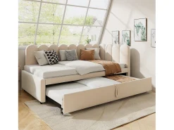 Sofá-cama infantil estofado 2 em 1 - 90/180 x 200 cm - em L - veludo + contraplacado + MDF - bege