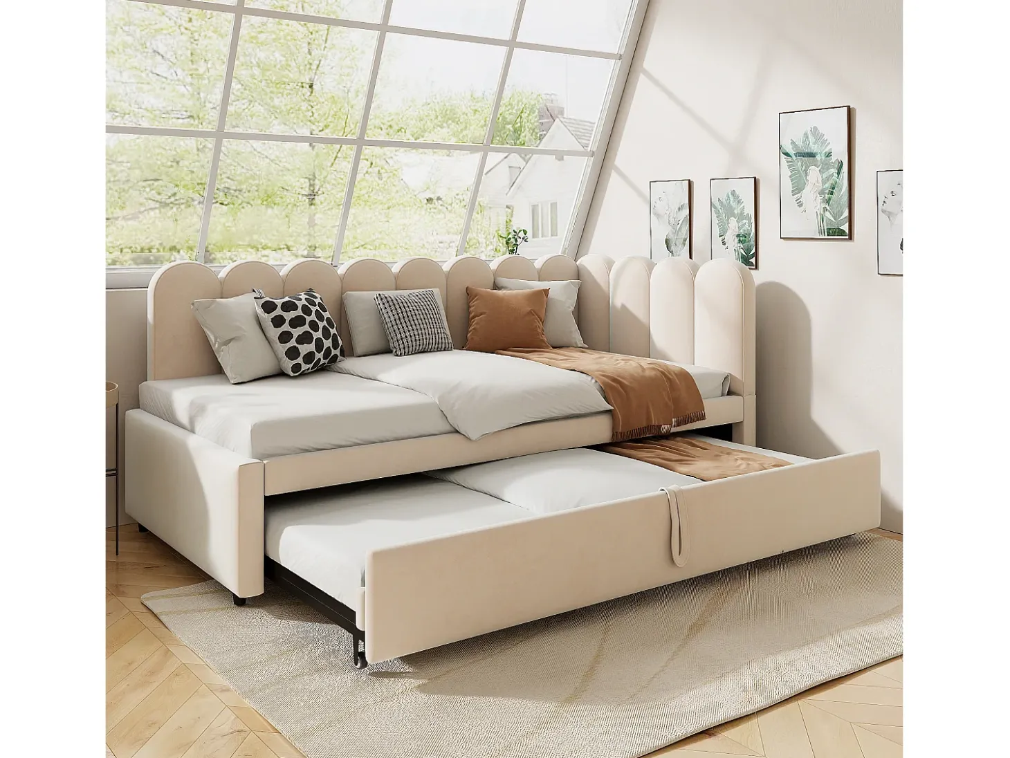 Sofá-cama infantil estofado 2 em 1 - 90/180 x 200 cm - em L - veludo + contraplacado + MDF - bege