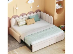 Sofá-cama infantil estofado 2 em 1 - 90/180 x 200 cm - em L - veludo + contraplacado + MDF - bege