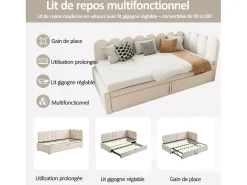 Sofá-cama infantil estofado 2 em 1 - 90/180 x 200 cm - em L - veludo + contraplacado + MDF - bege