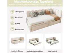 Sofá-cama infantil estofado 2 em 1 - 90/180 x 200 cm - em L - veludo + contraplacado + MDF - bege