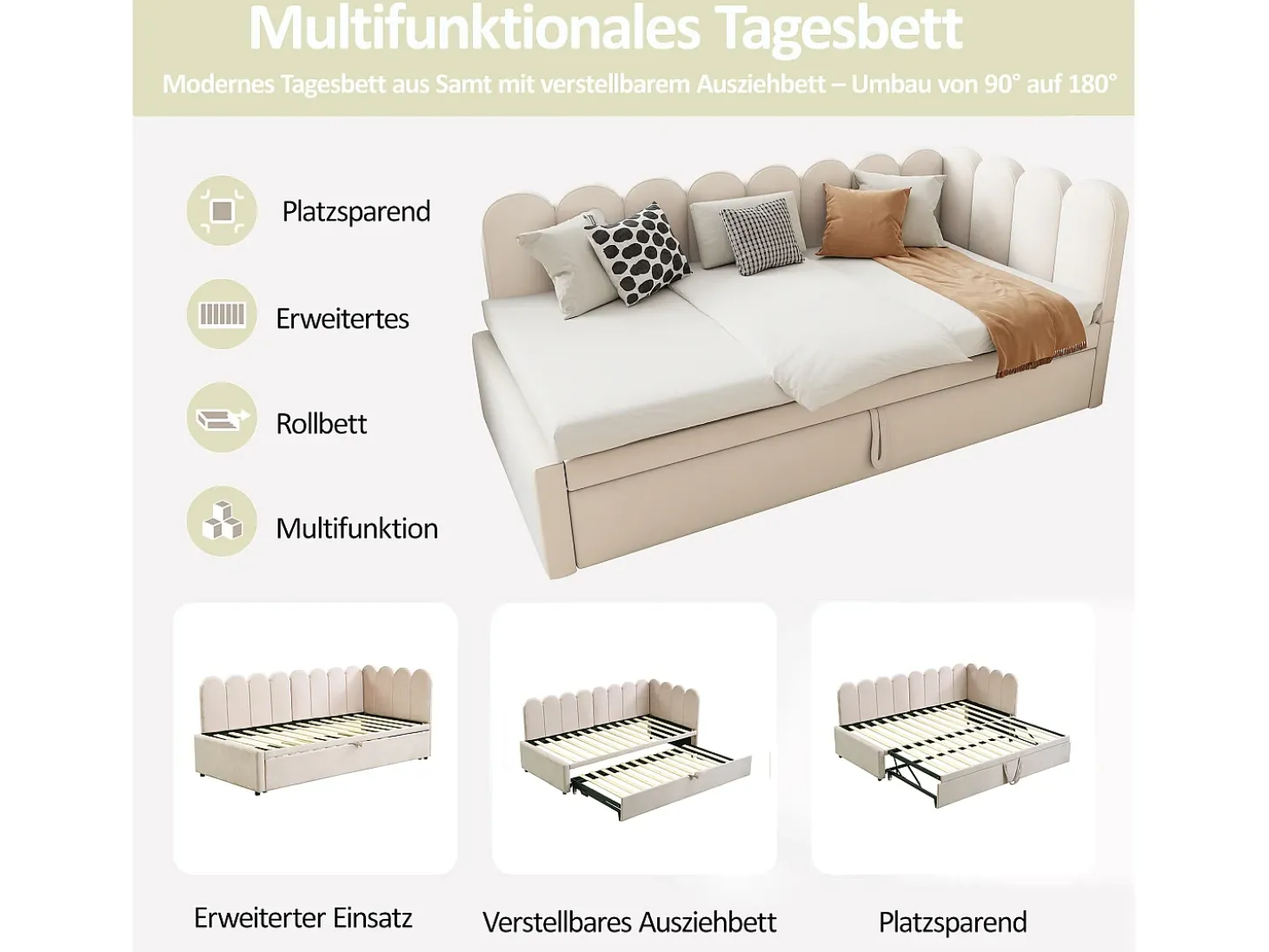 Sofá-cama infantil estofado 2 em 1 - 90/180 x 200 cm - em L - veludo + contraplacado + MDF - bege